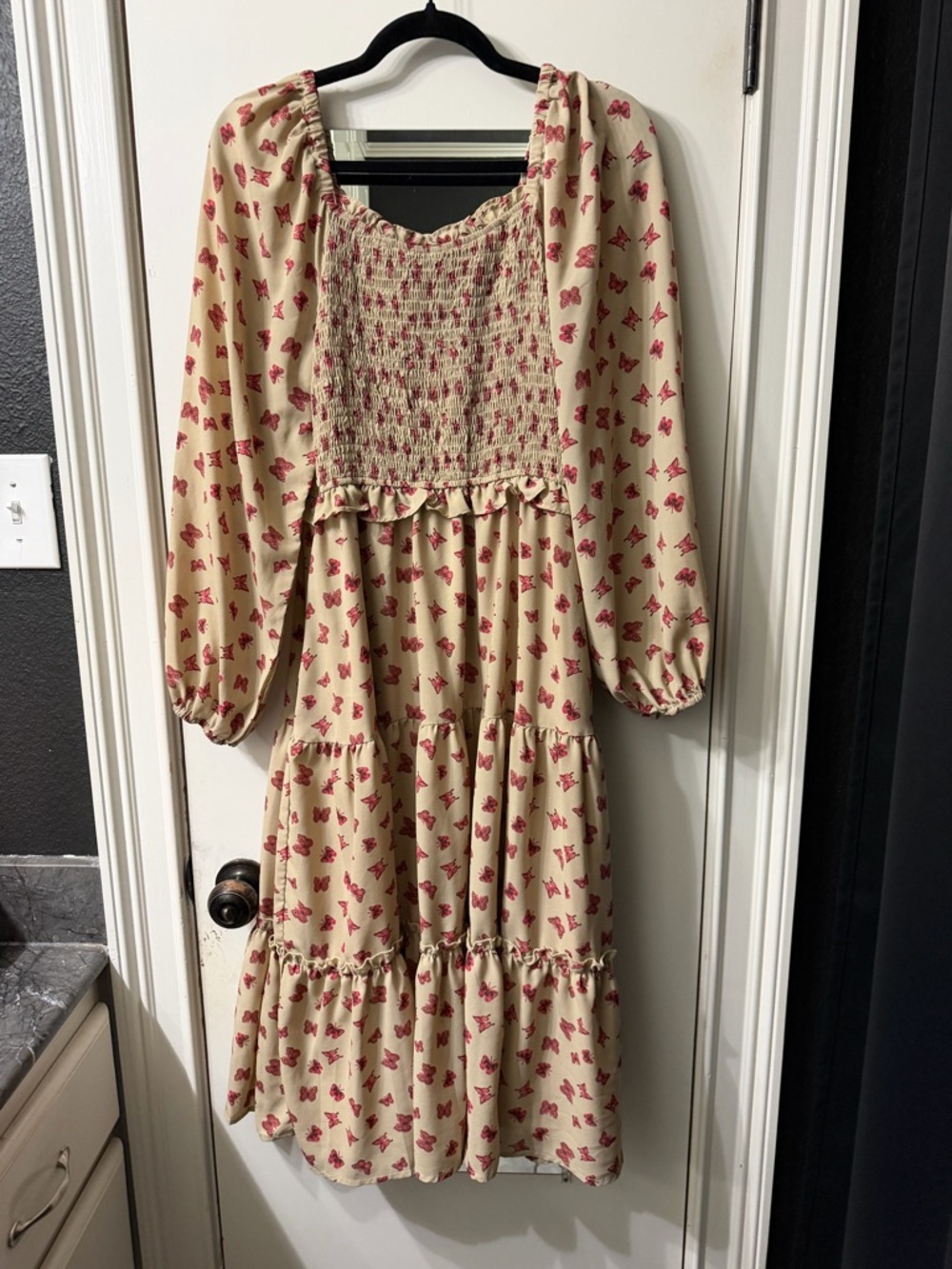 Tan Midi Dress with hot pink Butterfly Print